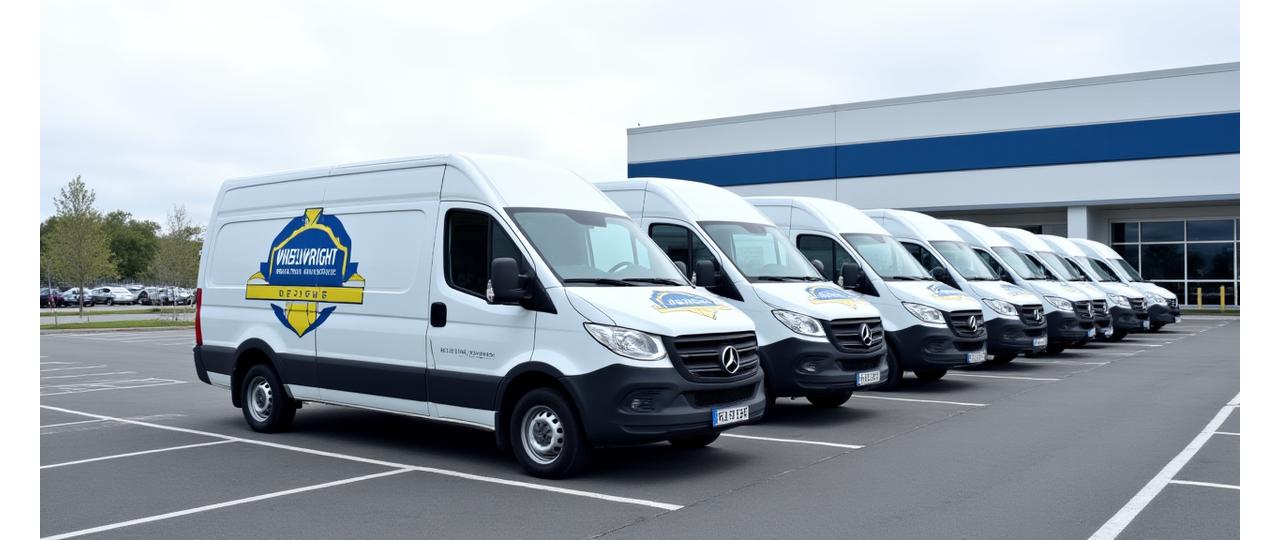 A line of white commercial vans from a fleet